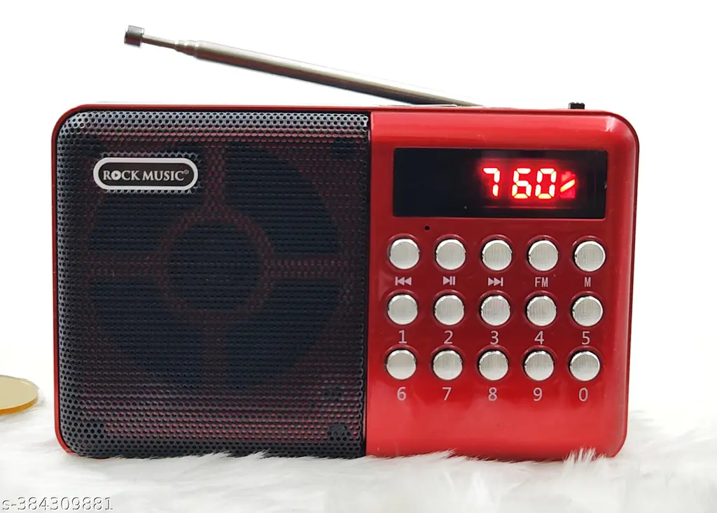 Pocket FM Radio Portable Multimedia Speaker With Powerful Torch USB AUX And SD Card Input 12 Hours Playback Digital Clock External FM Antenna (Red)