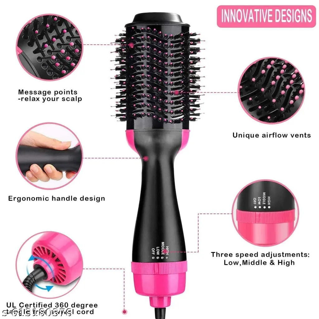 3-in-1 Hot Air Brush Hair Dryer & Volumizer – Salon Blow Dryer, Straightener & Styler with 3 Speed Settings