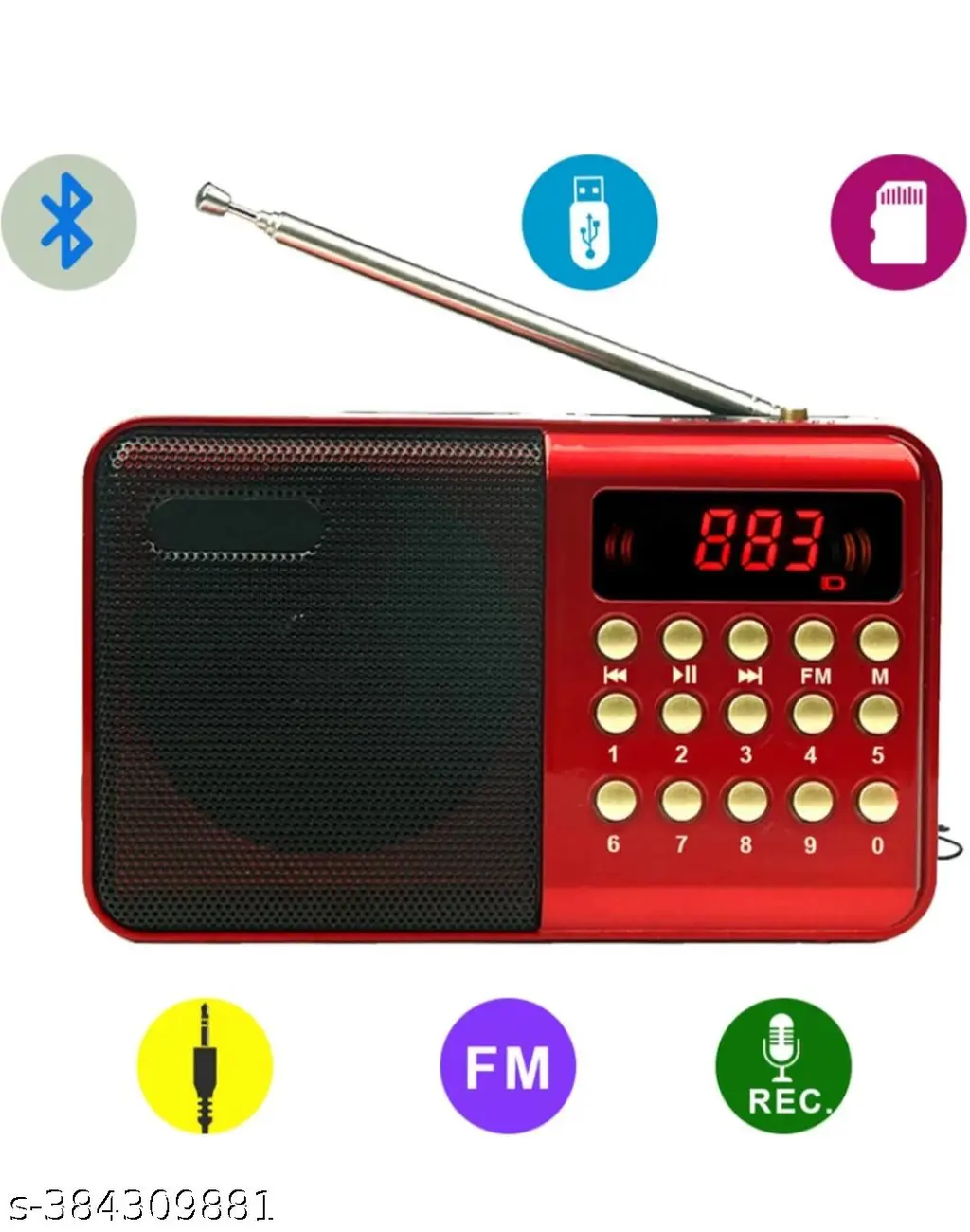 Pocket FM Radio Portable Multimedia Speaker With Powerful Torch USB AUX And SD Card Input 12 Hours Playback Digital Clock External FM Antenna (Red)