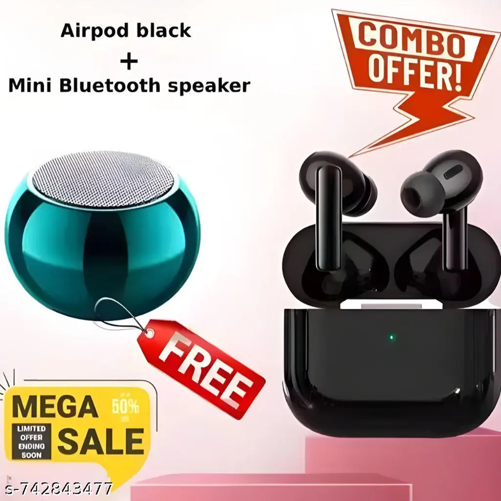 AIRPOD PRO Airpro True Wireless Bluetooth Earphones with 30 Hours Playtime & Compatible for all Smartphones (Black) + Mini Bluetooth Speaker Any Random Colour - COMBO